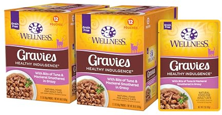 Wellness Healthy Indulgence Gravies Adult Wet Cat Food, Natural, Protein Rich, Grain Free, Tuna and Mackerel Recipe, 3 oz, Pack of 24 Pouches