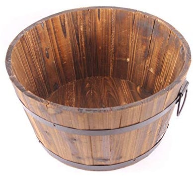 Gardening Naturally Rustic Burnt Wood Barrel Planter (Large) Outdoor Planter with Drainage Hole, Two Handles & Black Barrel Rings