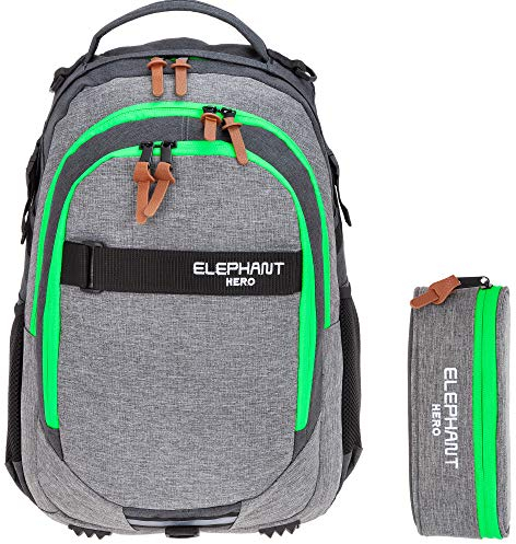 2 Teile Set Rucksack Elephant Signature Hero Schulrucksack 12723 + Mäppchen Box (Two Tone Green (grau/grün))