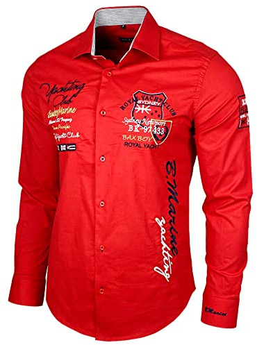 Baxboy Chemise élastique, coupe slim, pour loisirs, affaires, mariage, couleur pure, col Kent,à manches longues, contraste, pour homme, B-508, rouge, XL