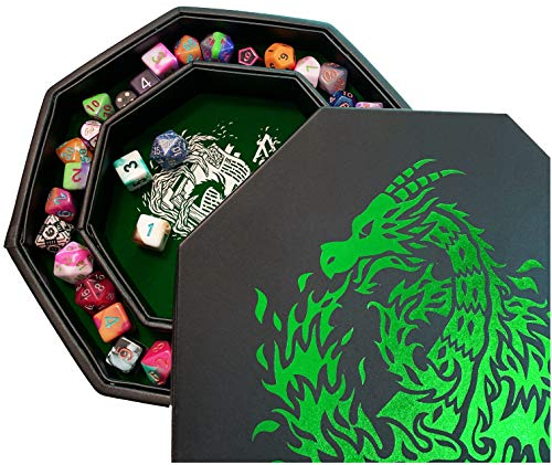 Fantasydice Green Fire Dragon Dice Tray with Wizard Book Print – 23CM Octagon with Dice Staging Area, Holds 5 Dice Sets – Perfect for D&D, Call of Cthulhu, Shadowrun, and All Tabletop RPGs