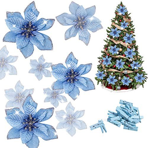 Whaline 24 Flores Artificiales de Navidad de Pascua Azul con 24 Clips, Adornos para árbol de Navidad con Purpurina, decoración de Navidad, Boda, Fiesta (13 x 13 cm)