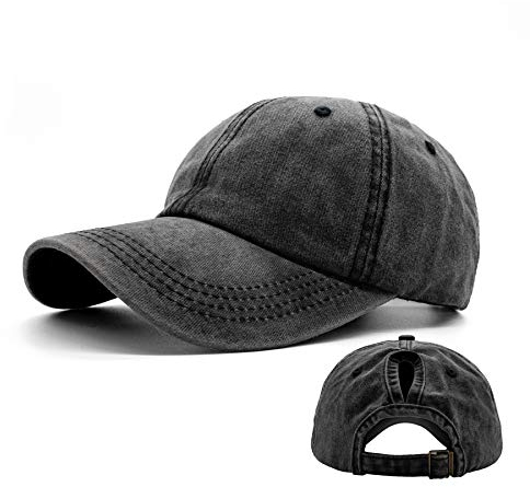 Ruyosn Basecap Damen Zopf Kappe Vintage Atmungsaktiv Verstellbar für Pferdeschwanz Hip Hop Baumwolle Mädchen Baseball Kappe Sommer Schwarz
