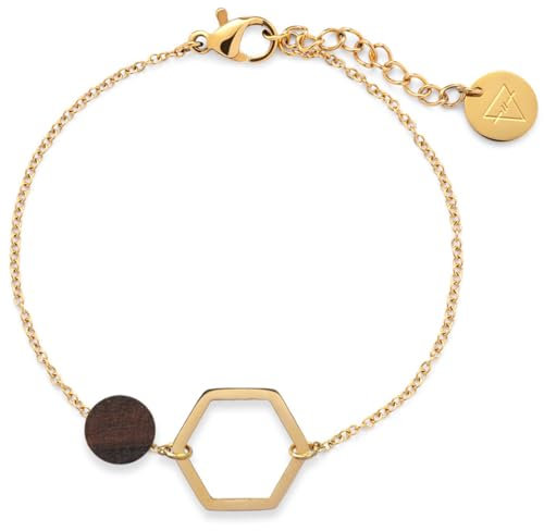 Kerbholz Holzschmuck – Geometrics Collection Twin Bracelet gold, filigranes Frauen Armband, Schmuck mit Naturholz Anhänger, größenverstellbar, Armbandlänge 15 cm + 2,5 cm