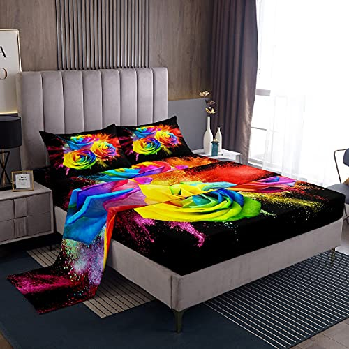 Set di biancheria da letto matrimoniale adolescenti, donne, graziose rose floreali, set di biancheria da letto con fiori di rose, 4 pezzi, 1 lenzuolo piano, 1 lenzuolo con angoli e 2 federe