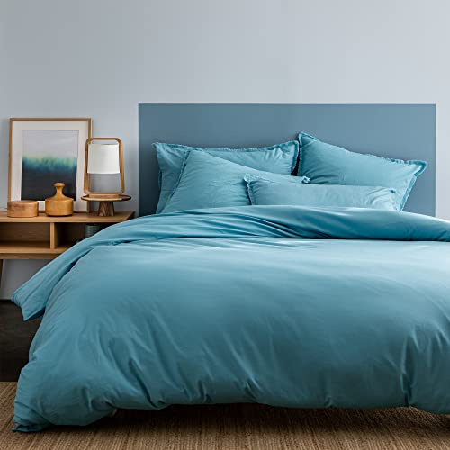 MATT & ROSE Housse de Couette Coton LAVÉ Unie 100% Coton | Bleu glacier | 240x220 cm | Chambre adulte lit 2 places | Coton lavé doux au toucher | Fermeture boutons | Certifié Oeko-Tex