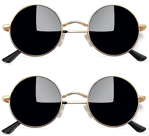 Joopin Retro Sonnenbrille Rund Herren Polarisierte Sonnenbrille Runde Vintage 2 Pack (Gold Schwarz und Gold)