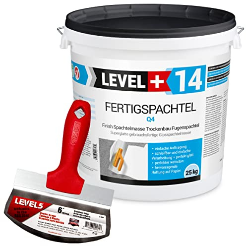 Level +14 Spachtelmasse Weiß Innen, Gebrauchsfertige Polymer-Fertigspachtel | für Wand & Decke, Q4 Finish zum Glätten, Füllen & Reparieren, Leicht Schleifbar, Für Gipskarton, Beton - 25 kg & Eimerschaber