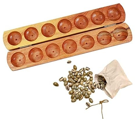 Mythology Centre Vamana Guntalu/Pallanghuzi /Mancala Wooden Board Game with 70 Cowrie Shells - 14 Pit
