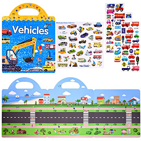 ASTARON 3D Puffy Sticker Buch für Kinder, 88 Pcs niedlich wasserdicht Fahrzeuge Aufkleber, Puffy Sticker Spiel Reise Aufkleber und pädagogische sensorische Lernspielzeug (2-6 Alter)