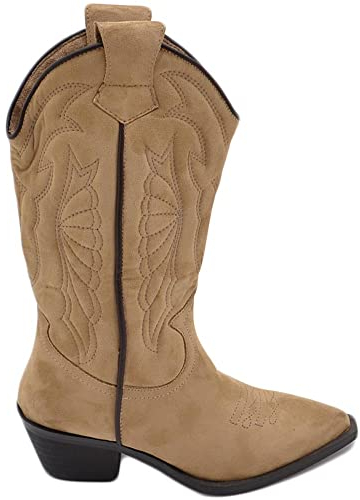 Malu Shoes Stivali donna camperos texani beige dettagli marrone fantasia laser su pelle scamosciata tinta unita altezza polpaccio (37 EU)