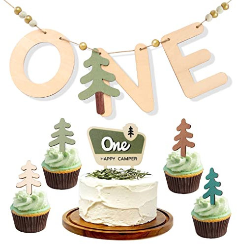 One Camper Wood Banner/Cupcake Topper Set - Camping Cake Topper, Woodland Birthday Party Decoration, First Camper Birthday Banner, First High Chair Wood Safari Jungle Garland