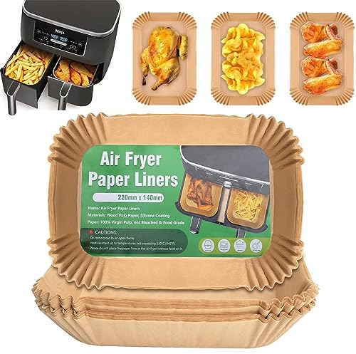 PALUDO 120 Piezas Papel Freidora Aire Rectangular, 22x14 cm Papel Pergamino Forro de Papel para Freidora de Aire Compatible con Ninja AF300EU AF400EU Princess y Otras Doble Zona Freidora de Aire