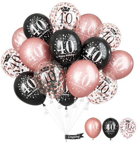 Lot de 15 ballons en latex à l'hélium pour femme - 40e anniversaire - Décorations de fête d'anniversaire - Noir et or rose
