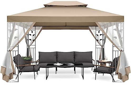 COBIZI 3X4m Pavillon für Terrassen, Outdoor Pavillon aus Stahl mit Netzgitter mit Reißverschluss und Eckregal-Design, Doppeldach-Pavilion mit Moskitonetz für Hinterhof, Garten, Pool-Seite