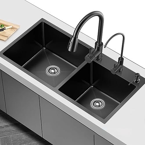Schwarzes Küchenspülbecken, Doppelwaschbecken, großes Fassungsvermögen, großes Spülbecken aus Edelstahl, inklusive Wasserhahn und anderem Zubehör (Größe: 100 x 45 x 20 cm
