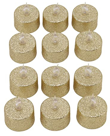 MOTUZP 12 Pièces Bougie LED, Bougies Votives sans Flamme, Bougies Chauffe-plat LED Dorées, Fausse Bougie à Piles, Bougie Chauffe-plat à Paillettes pour Noël, Mariage, Fête (Or)