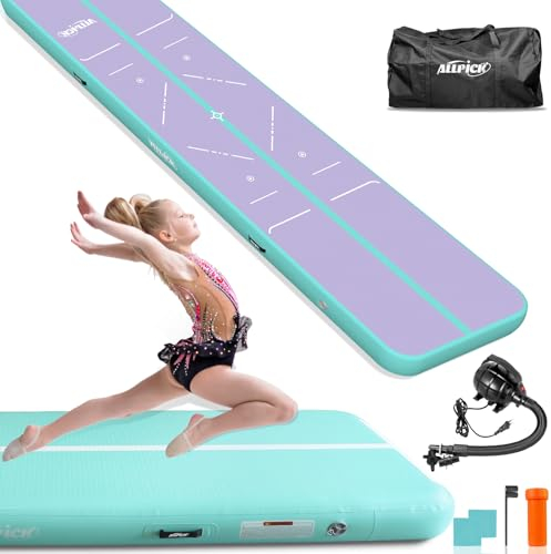 ALLPICK Turnmatte Aufblasbar mit elektrischer Luftpumpe, Länge 3/4/5/6 m Trainingsmatte, 10/20 cm hoch Tumbling Matte, Doppelseitiges Design Aufblasbar für Gymnastikmatte, Yoga Grün 400 * 100 * 10 cm