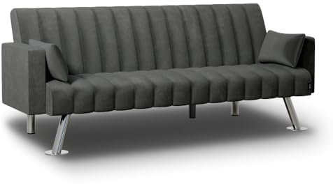 Nalui - Sofá Cama 3 Plazas Acolchado 210x80x79cm One Lines, 2 Cojines y Apertura Clic-Clac con Reclinación Ajustable. Sofá Cama Chaise Longue Aterciopelado Convertible en Cama Doble | Gris