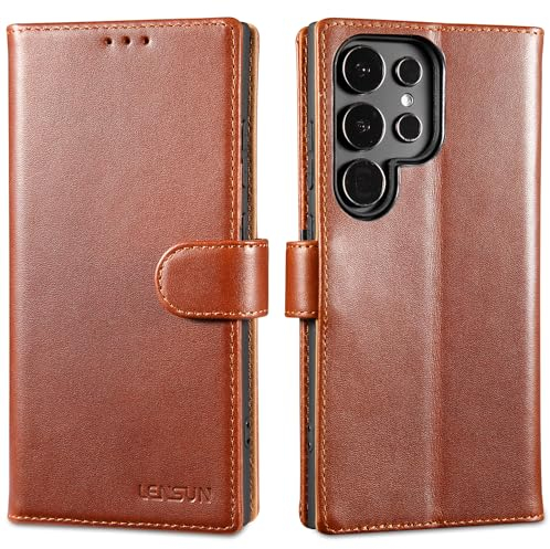 Lensun Cover per Samsung Galaxy S24 Ultra, Telefono Custodia in Vera Pelle [Supporto Stand] Libro con Portafoglio Cuoio Chiusura Magnetico Flip per Samsung S24 Ultra 5G– Marrone Scuro