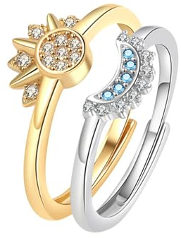 Sonne Mond Ringe Set Himmlisches Gold/Silber Sonne und Mond Ringe mit Cubic Zirconia Damenring Dupes Schmuck Stapelbare Himmelsringe für Frauen Mädchen