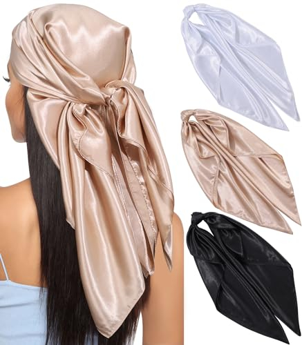 Kajeer 3 Stück Kopftuch Bandana Halstuch für Damen - 90x90cm Große Satin Seidentuch Weiches Satinschal Haarschal für Frauen