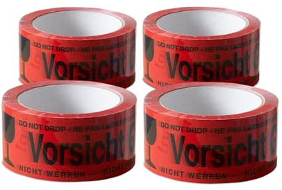 ARLI Paketband Vorsicht Glas 4 Rollen Paketklebeband - 66m x 48mm Warnhinweis rot für sicheren Versand von Glaswaren Auffälliges rotes Klebeband mit Aufdruck zerbrechlich (4x Vorsicht Glas)