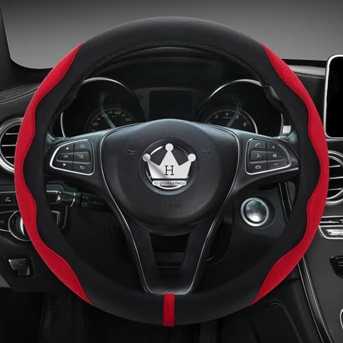 HighnessHwoo Luxuriöser Suede Auto Lenkradbezug, Komfort Lenkradabdeckung, weiches Leder, gepolsterte Räderabdeckung für Limousine, SUV, dünne Auto Griff Abdeckungen, Universelle, 37-38cm, Rot