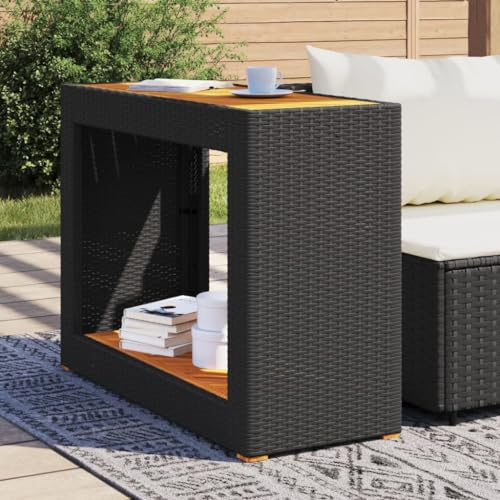 Festnight Polyrattan Beistelltisch, Sofatisch Kaffeetisch Tischplatte Akazienholz Couchtisch Rattan, Laptoptisch für Kaffee und Laptop, Outdoor Sideboard, Schwarz und Braun, 100 x 40 x 75 cm