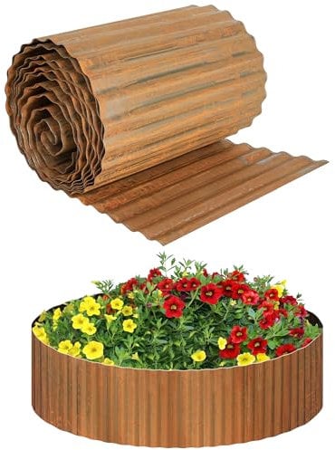 JonesHouseDeco 6m Galvanised Metal Garden Lawn Border Edging Roll, Garden Plant Border, Wide Wavy, H25.4cm, Brown Heavy duty Borders Edging Landscape Edging for DIY Flower Beds, Lawns, Pathway K653D02