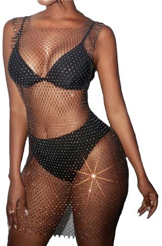 Women Fishnet Dress Sexy Sparkle Rhinestone Tank Top Dress Mesh Lingerie One Piece Teddy Bodysuit Smock Mini Skirt Summer Club Wear Babydoll Nightgown for Party Outfits Beach Bikini Cover up Shir