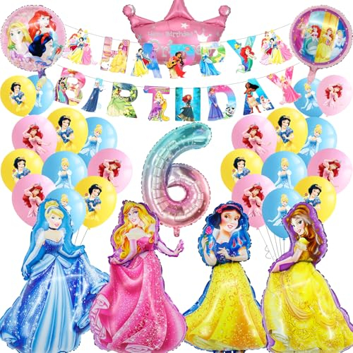 Prinzessin Luftballons Geburtstag Deko 6 Jahre Mädchen- Prinzessinnen Geburtstagsdeko 6 Jahr Princess Ballon Deko 6. Geburtstag Folienballons Birthday Banner für Kindergeburtstag Party Ballons Deko