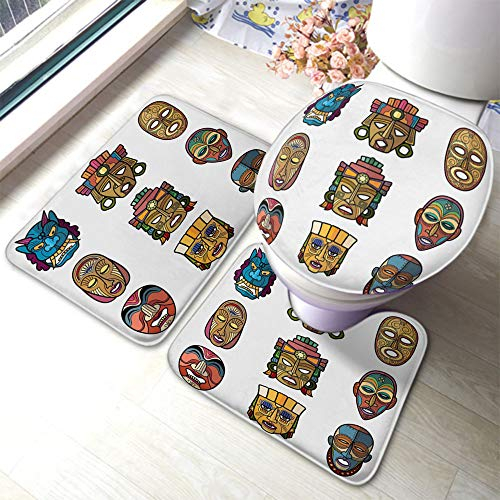 Set 3 Teilig Badvorleger Afrikanisches Handwerk Stammesmaske Inka Südamerikanische Kultur Totemsymbole Fußmatte Waschbar Dekorative Badezimmer Teppiche Set 3 Stück, Für Badewanne, Wohnzimmer
