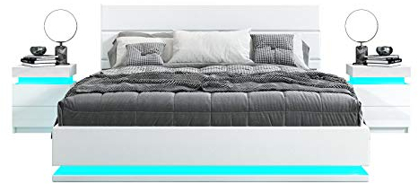 Bed Frame with Storage, 4FT6 Double Faux Leather Bed, Ottoman Gas Lift Storage Bed Frame, LED Double Size Bed for Bedroom Home, White