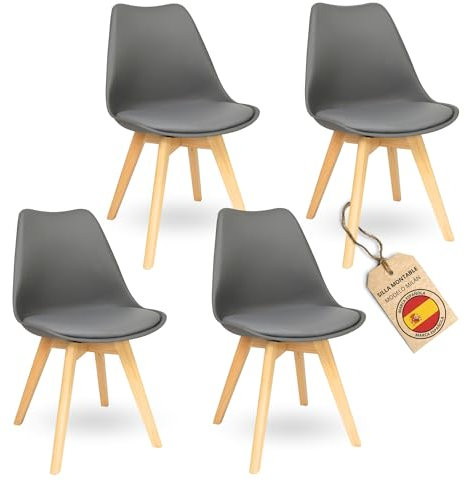HOME DESIGN & CONFORT ®Sillas de Comedor Nórdicas con Respaldo Ergonómico con Material PU y Patas con 2,8cm de Anchura | Sillas de Cocina con Madera de Haya Maciza (4 Sillas Grises)