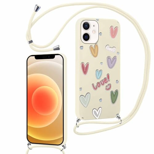 Kueqeay Funda con Cuerda para iPhone 11 6,1'', Hermoso Amor Diseño Gráfico Blanquecino Silicona Escarchado Carcasa con Cordón Colgante Ajustable Collar de Cuello Cadena Protector Cámara Choque, 18