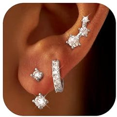 FANCH 3 Paar Ohrringe Silber für Damen Mädchen - 14K Vergoldet Kleine Ohrstecker Set Stapelbar Zirkonia Creolen für Mehrere Piercings - Hypoallergene Knorpel Piercing Ohrringe