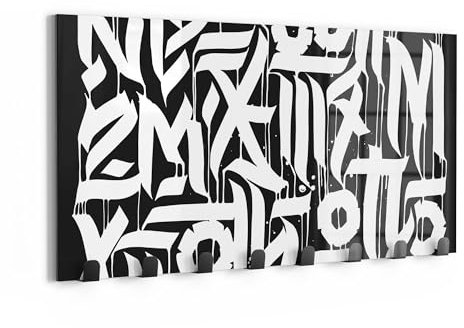 DEQORI Wandgarderobe Glas & Metall | Motiv Urbane Schriftkunst | 60x30 cm | Design Haken-Leiste modern | Garderoben-Paneel für Flur, Wohnzimmer & Schlafzimmer | magnetisch & beschreibbar