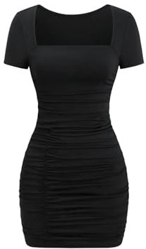 GORGLITTER Women's Square Neck Ruched Bodycon Dresses Short Sleeve Pencil Mini Dress Black L