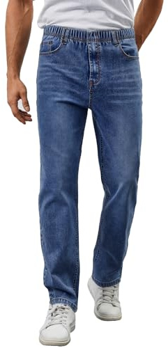 WICUSION Jeans für Herren, mit elastischer Taille, lockere Passform, Stretch-Denim-Hose, gerades Bein, Jeans mit Reißverschluss