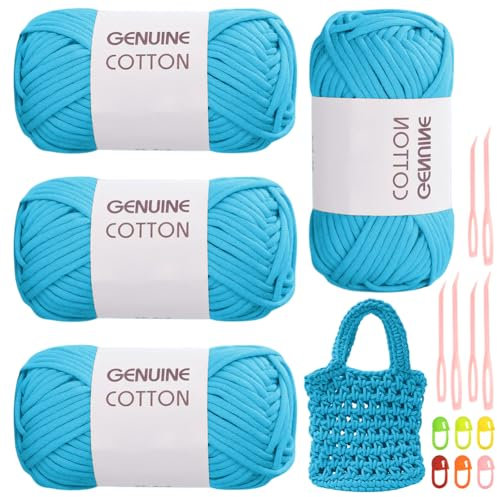 RANJIMA Seeblaues Garn, 4 Stück Einfach Garn, Häkelgarn für Anfänger, Gut Sichtbare Maschen Garns Zum Häkeln mit Häkelzubehör, Baumwoll-Nylon-Garns für Kleidung, Decken, Taschen, Pullover