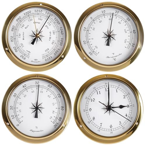 WDWGLIYN Barometer, Barometer für Zuhause, Barometer-Thermometer, Hygrometer, Uhr-Set, Wandmontage, Marine-Metall, analoge Wetterstation, für Wohnzimmer, Lager, Büro, Segeln (115 mm)