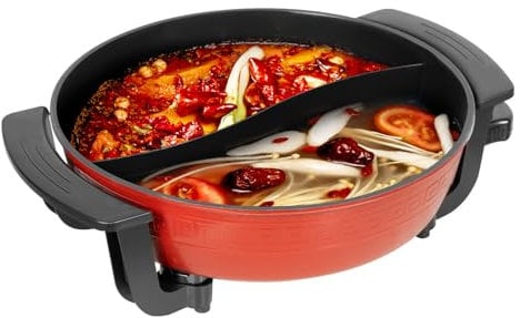 GCIUEMMH Food Party Hot Pot Elektrisch - 6L Elektrischer Kochtopf 220V 1360W Doppelseitig Elektrische Wok mit Deckel Chinesischer Hot Pot Fondue ⌀31cm Elektrische Multifunktionspfanne für 6 Personen