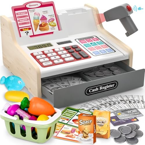 maysida Kinderkasse Holz-Registrierkasse mit Scanner & Sound für Kinder 3-5 Jahre, Spielzeug Kasse mit Scanner/Spielgeld/Münzen/EC-Karte/Einkaufskorb/Zubehör, kaufladen zubehör Idee