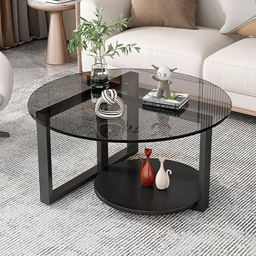 Mesa De Centro Redonda, Mesita De Centro De Salon, Mesa Centro Cristal con Pies De Hierro,Diseño De 2 Niveles, Mesa De Cóctel Moderna para Sala De Estar(Black,70cm/27.6)