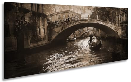 Leinwandbild Venedig im Zwielicht – Gondeln gleiten durch goldene Stille. Panorama 120x60cm Effekt: Sepia XXL Kunstdruck Bild auf Keilrahmen/Wandbild/Wohnzimmer Dekoration