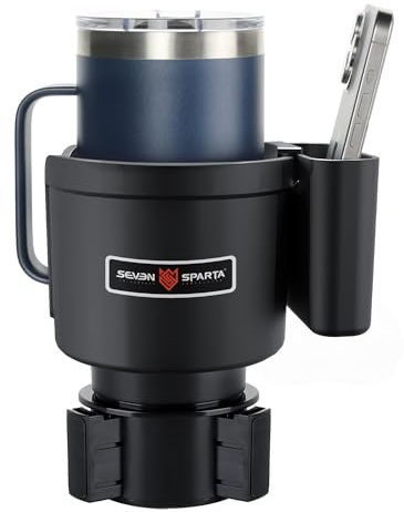 Seven Sparta Cup Holder Expander with Phone Holder & Cable Access, 3-in-1 Car Organizer, Side Storage Box for Phone/Cards, Compatible with Yeti, Owala, Hydro Flasks & Large Bottles Mugs in 3.5-4.0