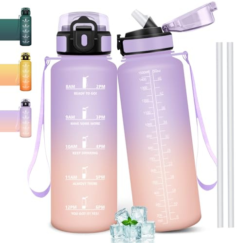 Mulbijeo Gourde, 1.5L Bouteille, Gourde Sport avec Paille, Gourde Motivation avec Marqueur de Temps, Bouteille d'eau, Étanche, Bouteille d'eau pour Randonnée, Camping, Fitness, Cyclisme