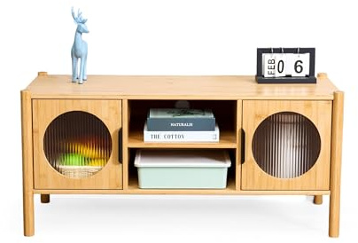 Relaxdays TV Lowboard with 2 Doors, Fits Up to 43-Inch Screens, Wood Finish, 48 x 103 x 40 cm, Natural