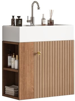 HAINEW Waschtisch mit Unterschrank 55 cm Badmöbel Set Waschbecken mit Unterschrank, Hängend Planetmöbel Badmöbel Set 2-teilig mit 1 Tür und seitliches Staufach, 55×31×66,5cm (Braun)